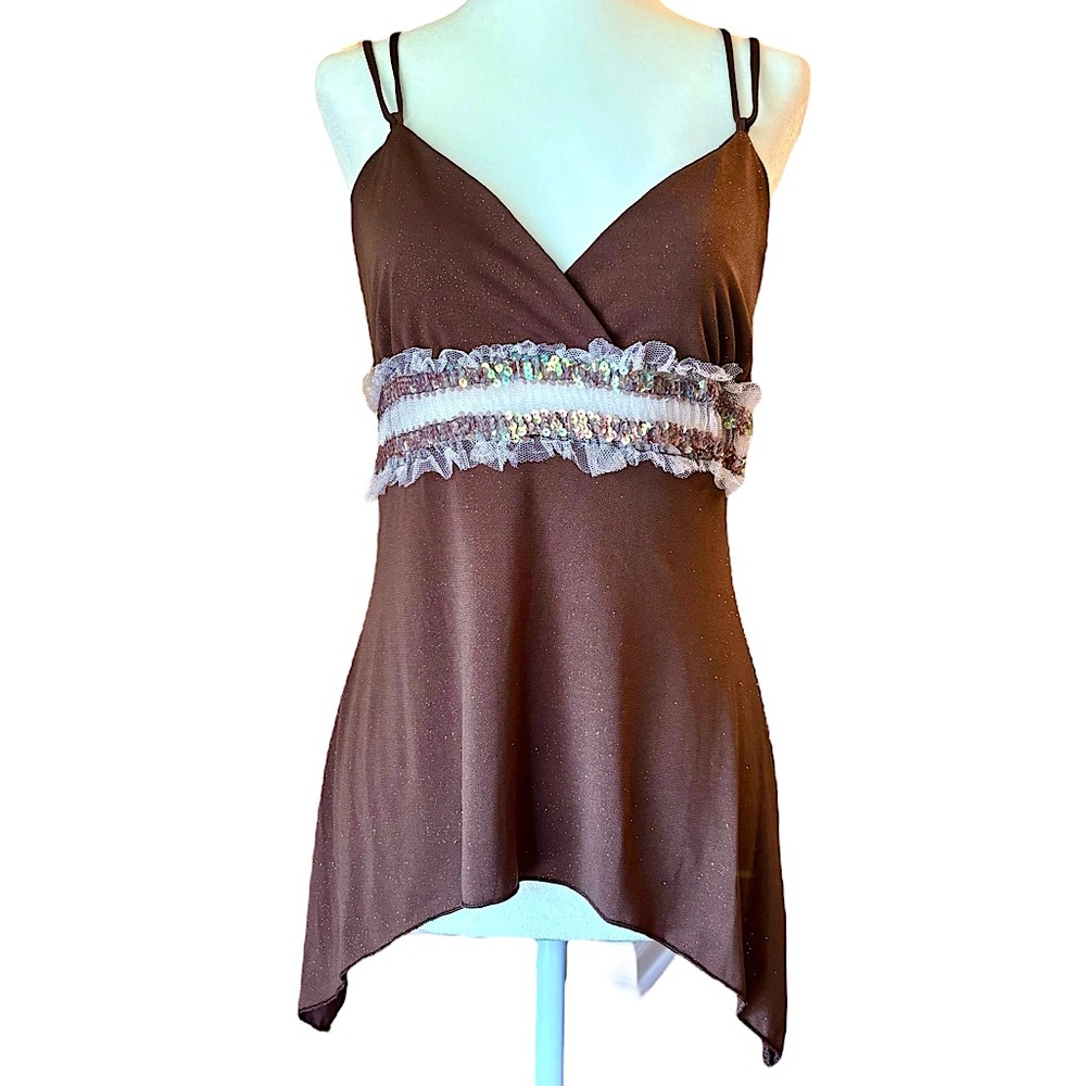 Vintage Y2K Ruffle Tulle Sequin Asymmetrical Party Tank Top Brown Glitter Large